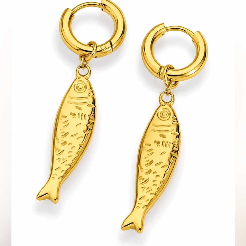 Gold Fish Charm Hoop Earrings - 24k Gold Plated